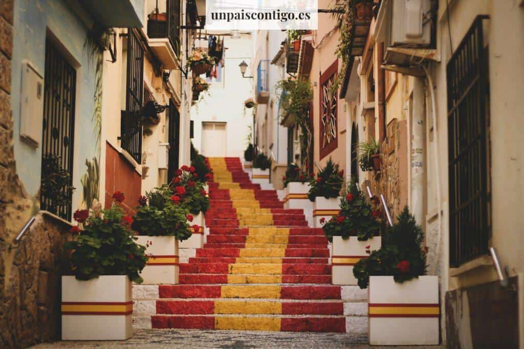 red, yellow, and white concrete stairs