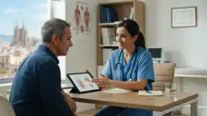 Paciente consultando con un cirujano antes de una operación