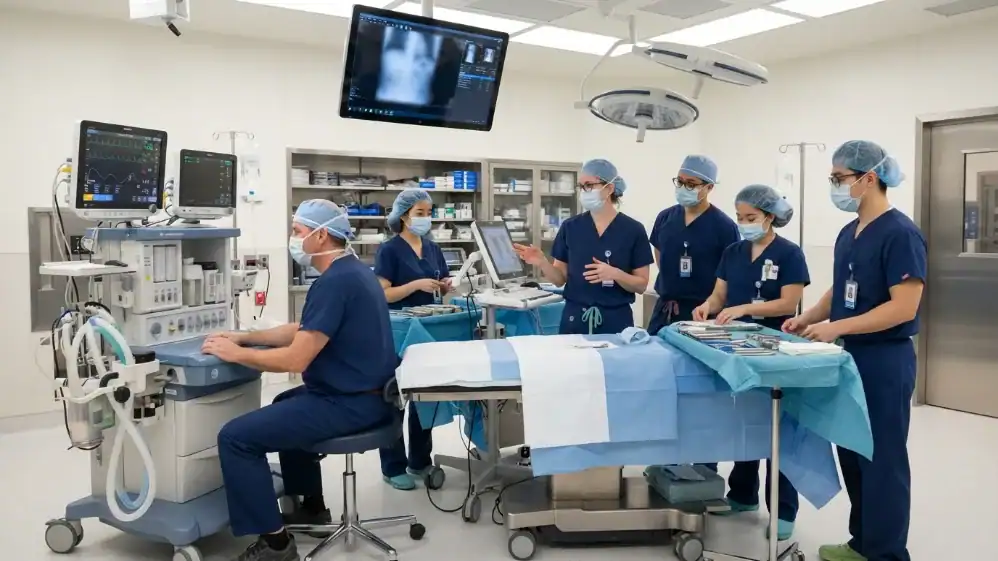 Equipo quirúrgico coordinándose antes de una intervención